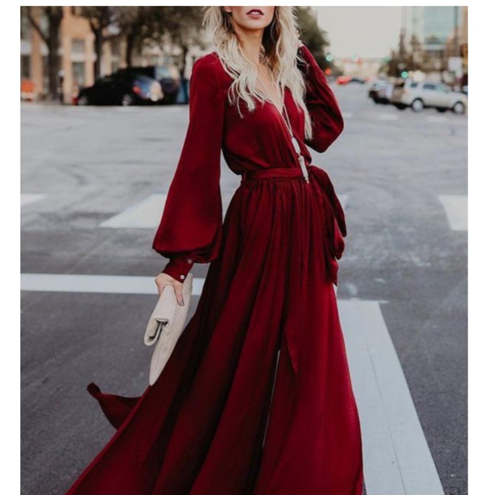 VICI Collection Burgundy Long Sleeve Tie Dress